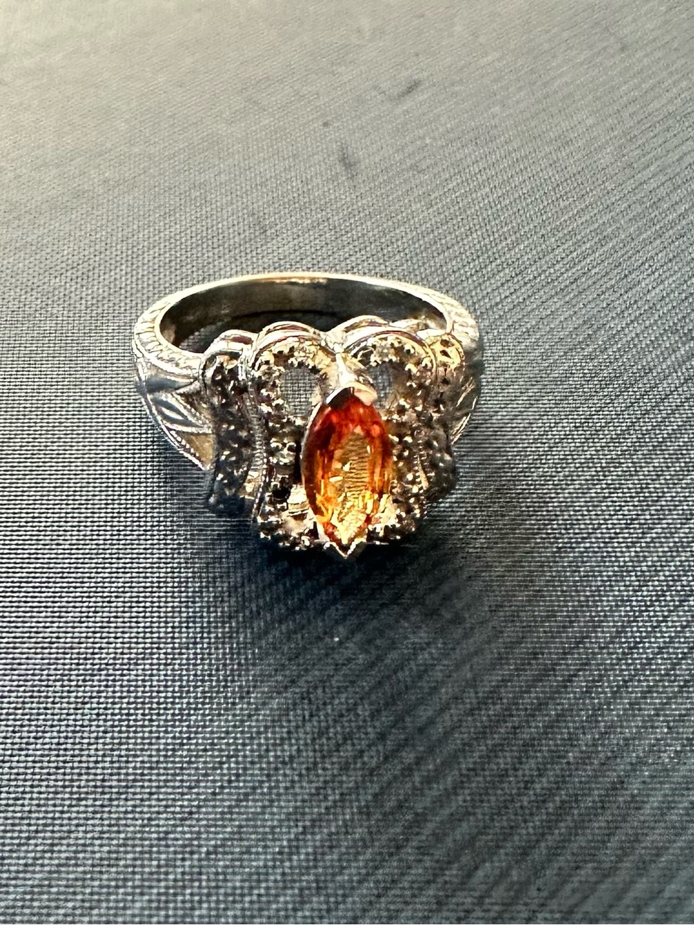 Vintage Signed WB 14K Gold Marquise Cognac Gemstone Hand-Engraved Cocktail Ring